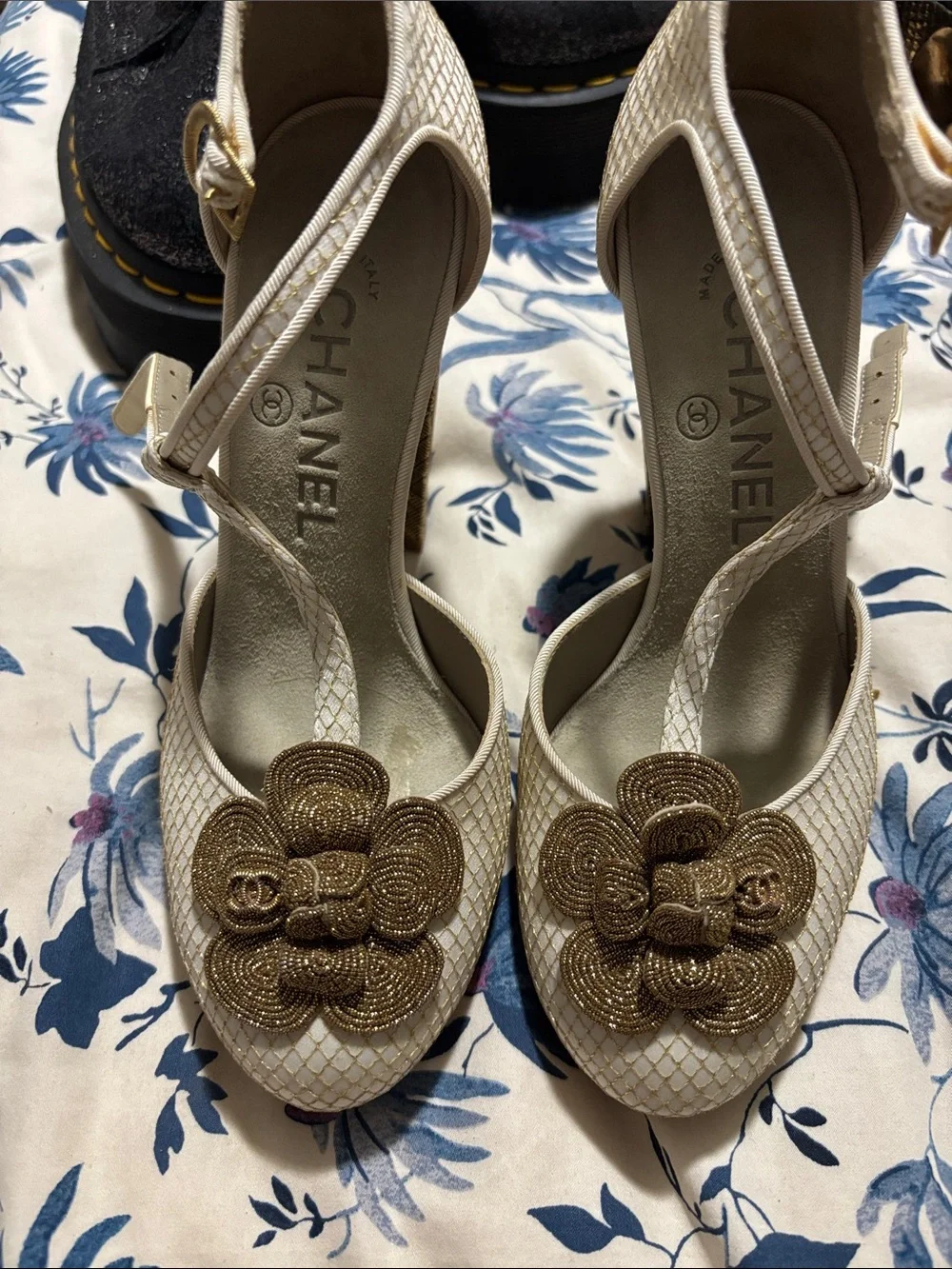 CHANEL Cream and Gold Camellia Ankle-Strap Heels